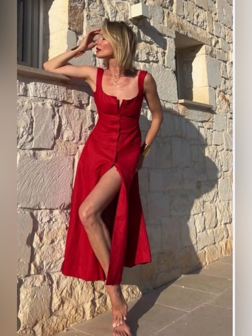 Reformation Louisa Red Sleeveless Button-Front Maxi Dress w optional Thigh Slit